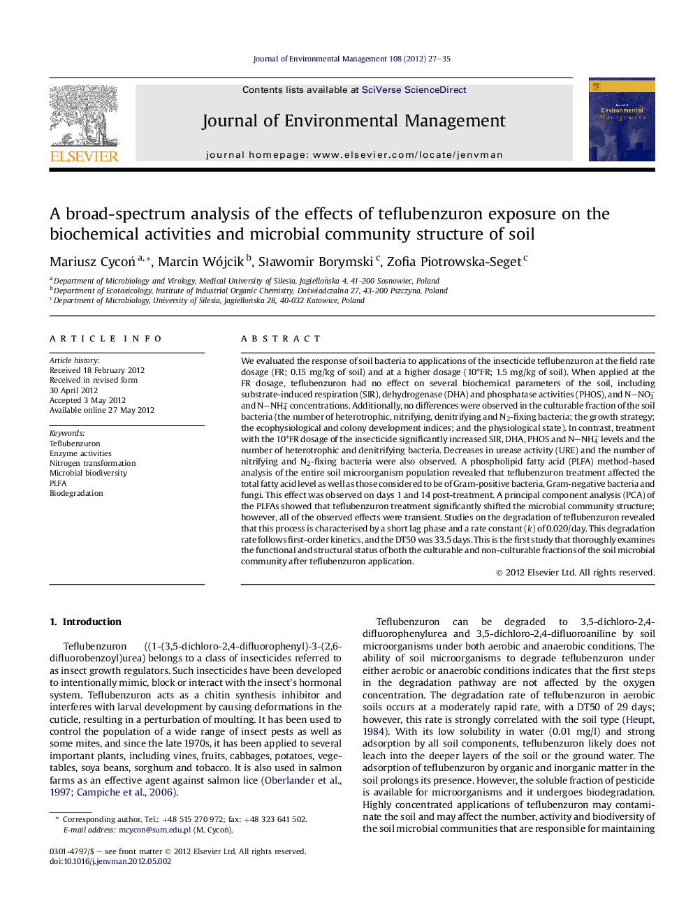 A broad-spectrum analysis of the effects of teflubenzuron exposure on the biochemical activities and microbial community structure of soil