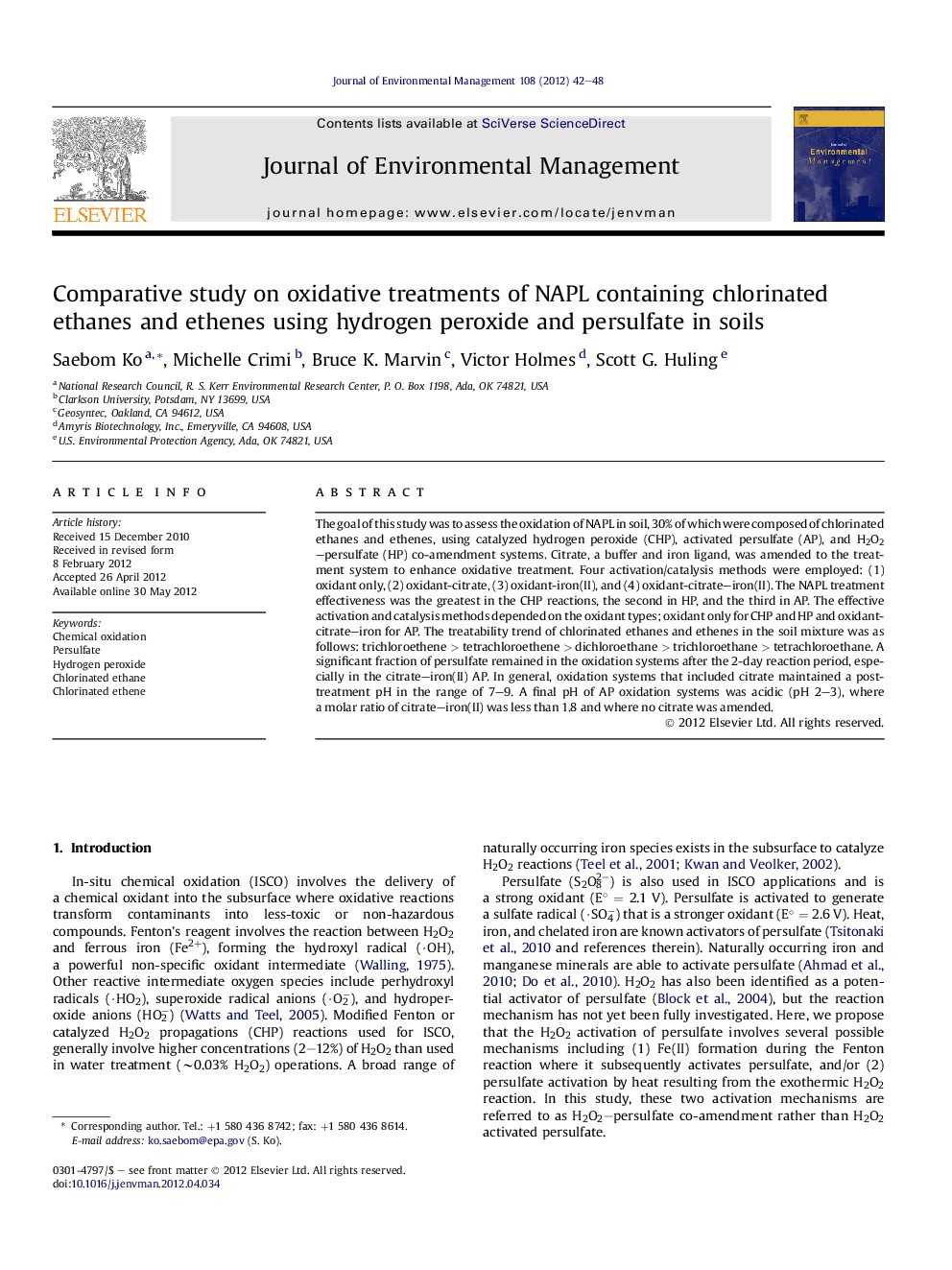 Comparative study on oxidative treatments of NAPL containing chlorinated ethanes and ethenes using hydrogen peroxide and persulfate in soils