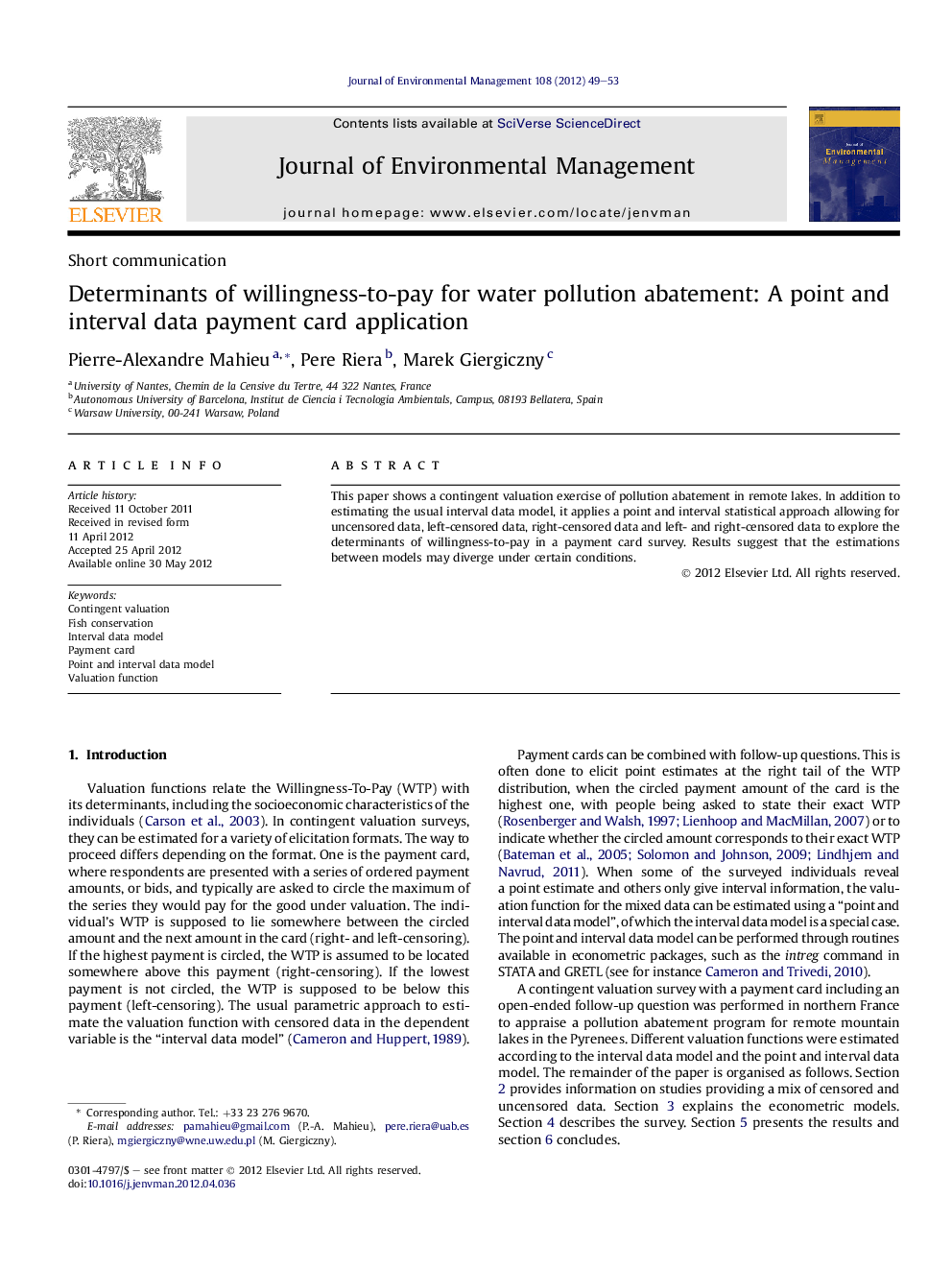 Determinants of willingness-to-pay for water pollution abatement: A point and interval data payment card application