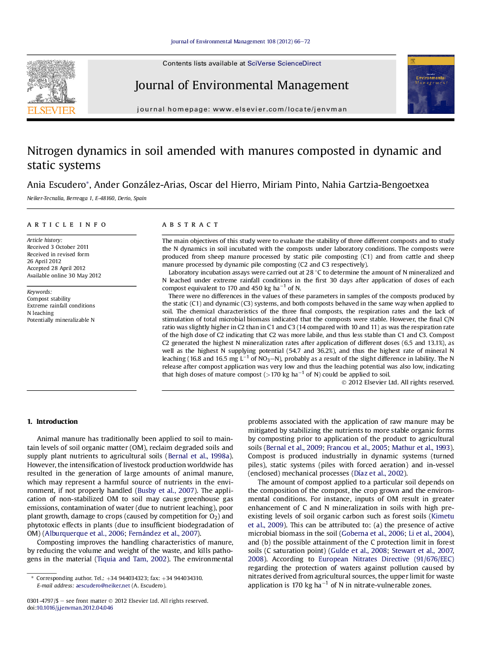 Nitrogen dynamics in soil amended with manures composted in dynamic and static systems