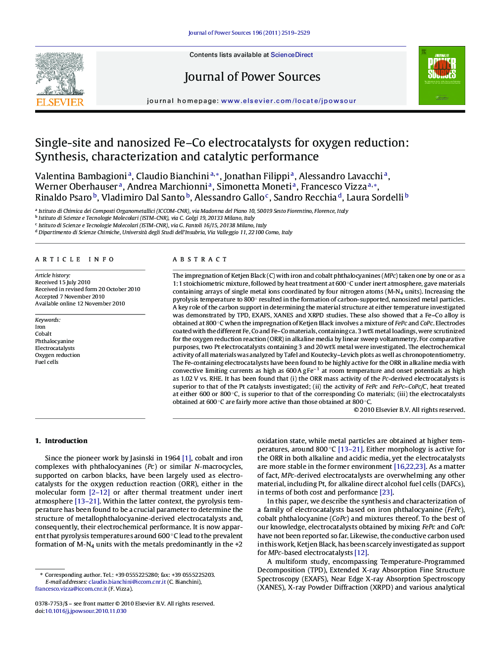 Single-site and nanosized Fe-Co electrocatalysts for oxygen reduction: Synthesis, characterization and catalytic performance