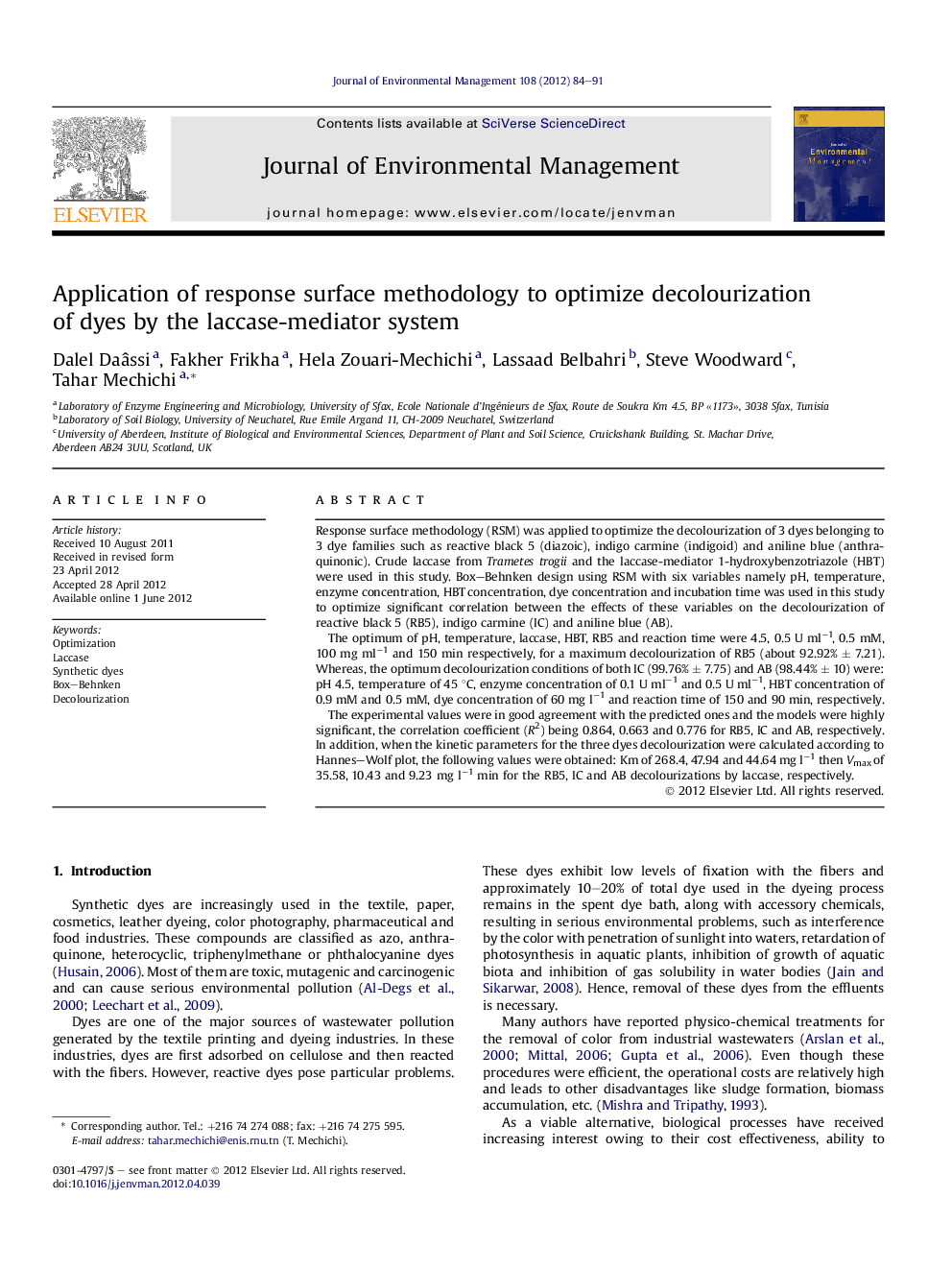 Application of response surface methodology to optimize decolourization of dyes by the laccase-mediator system