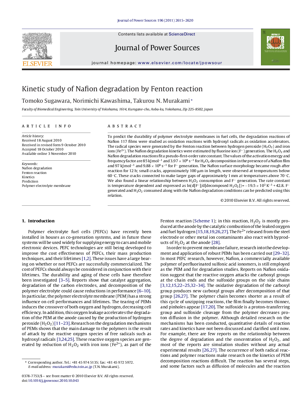 Kinetic study of Nafion degradation by Fenton reaction