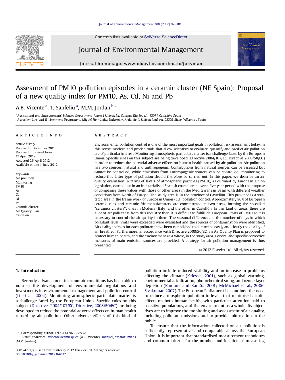 Assesment of PM10 pollution episodes in a ceramic cluster (NE Spain): Proposal of a new quality index for PM10, As, Cd, Ni and Pb