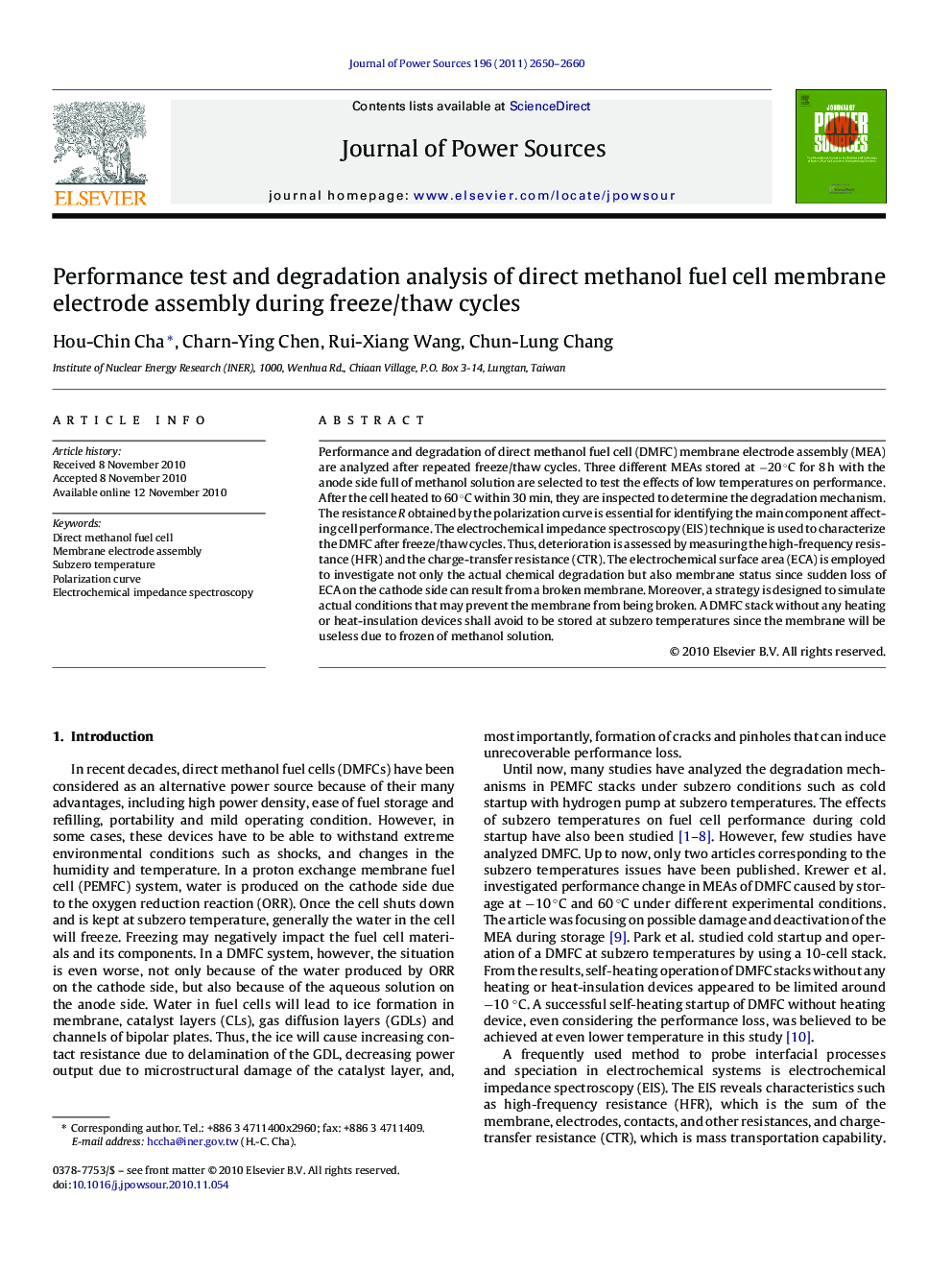 Performance test and degradation analysis of direct methanol fuel cell membrane electrode assembly during freeze/thaw cycles