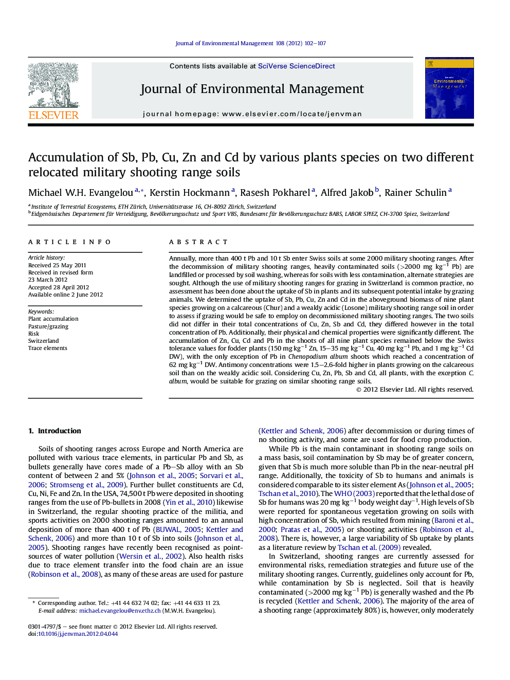 Accumulation of Sb, Pb, Cu, Zn and Cd by various plants species on two different relocated military shooting range soils