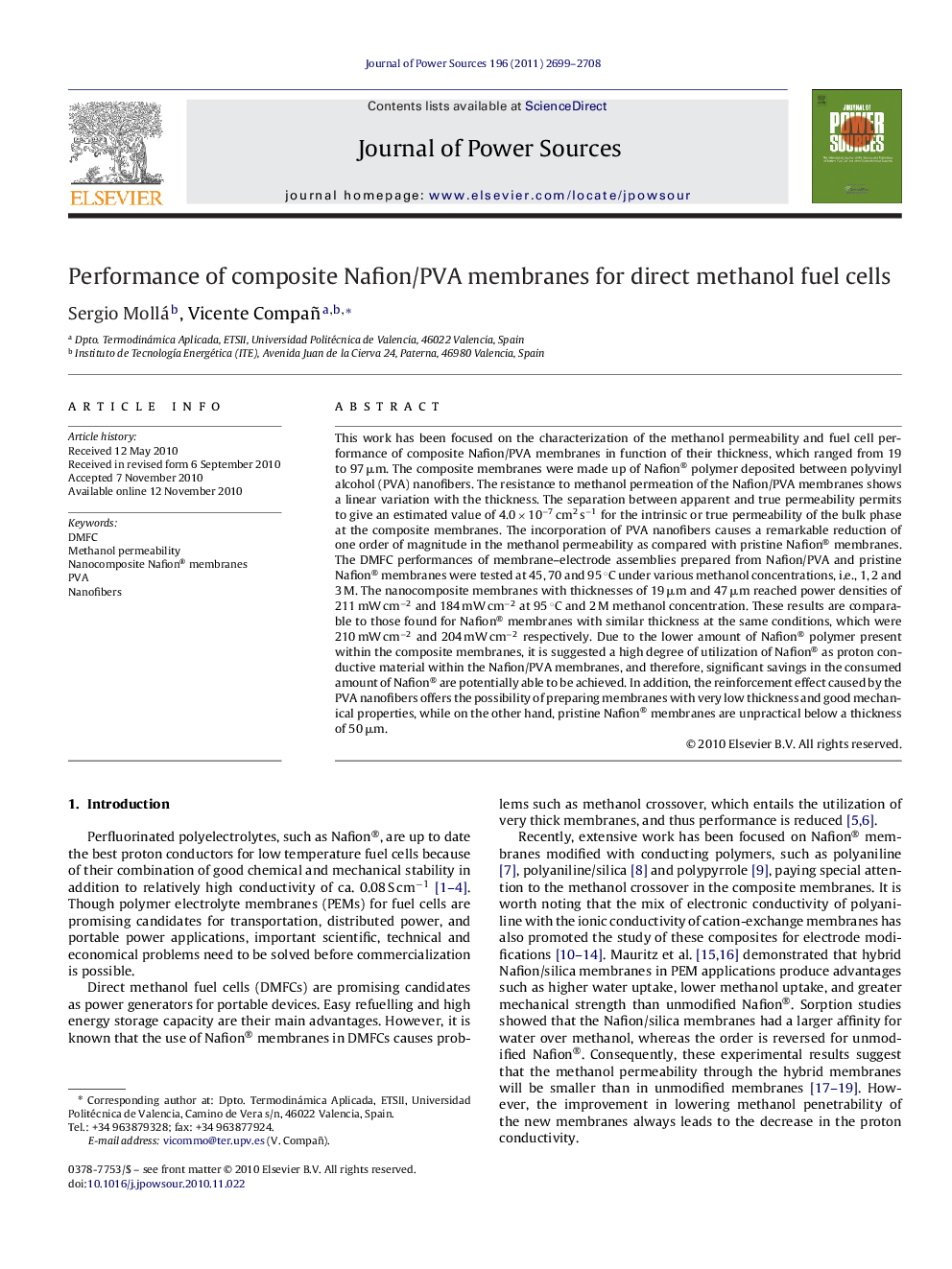 Performance of composite Nafion/PVA membranes for direct methanol fuel cells