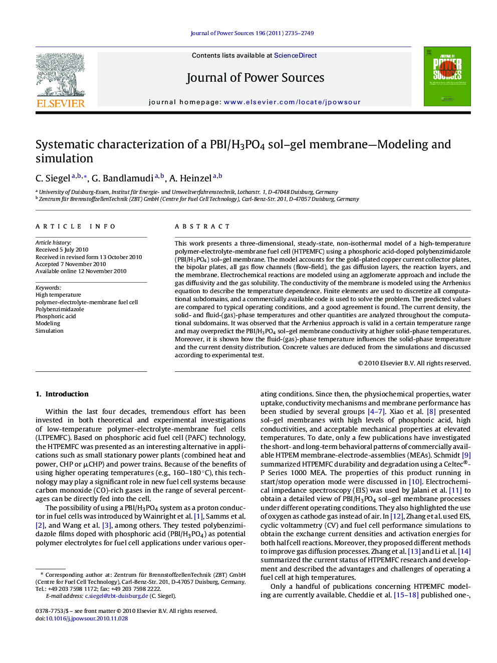 Systematic characterization of a PBI/H3PO4 sol-gel membrane-Modeling and simulation