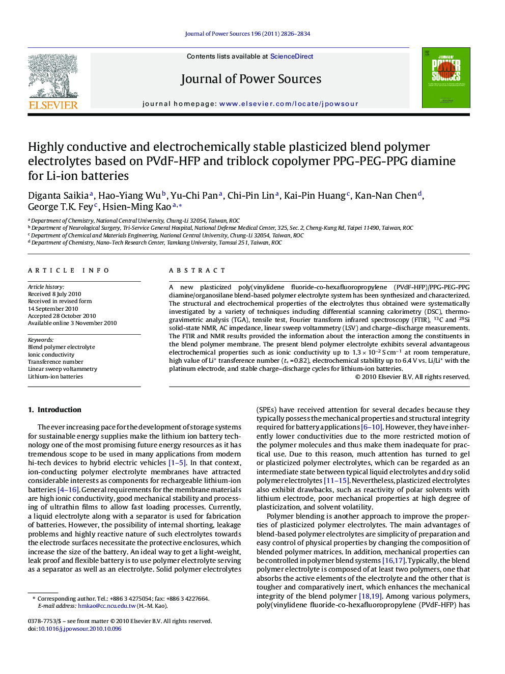 Highly conductive and electrochemically stable plasticized blend polymer electrolytes based on PVdF-HFP and triblock copolymer PPG-PEG-PPG diamine for Li-ion batteries