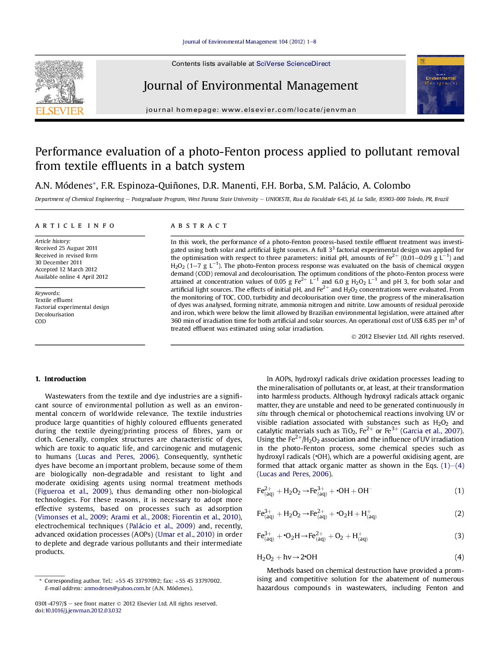 Performance evaluation of a photo-Fenton process applied to pollutant removal from textile effluents in a batch system