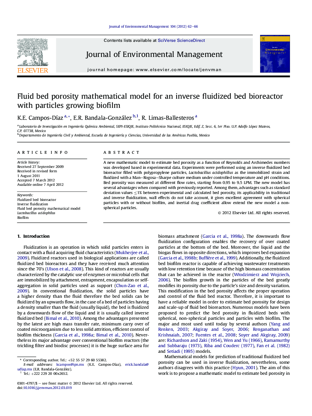 Fluid bed porosity mathematical model for an inverse fluidized bed bioreactor with particles growing biofilm