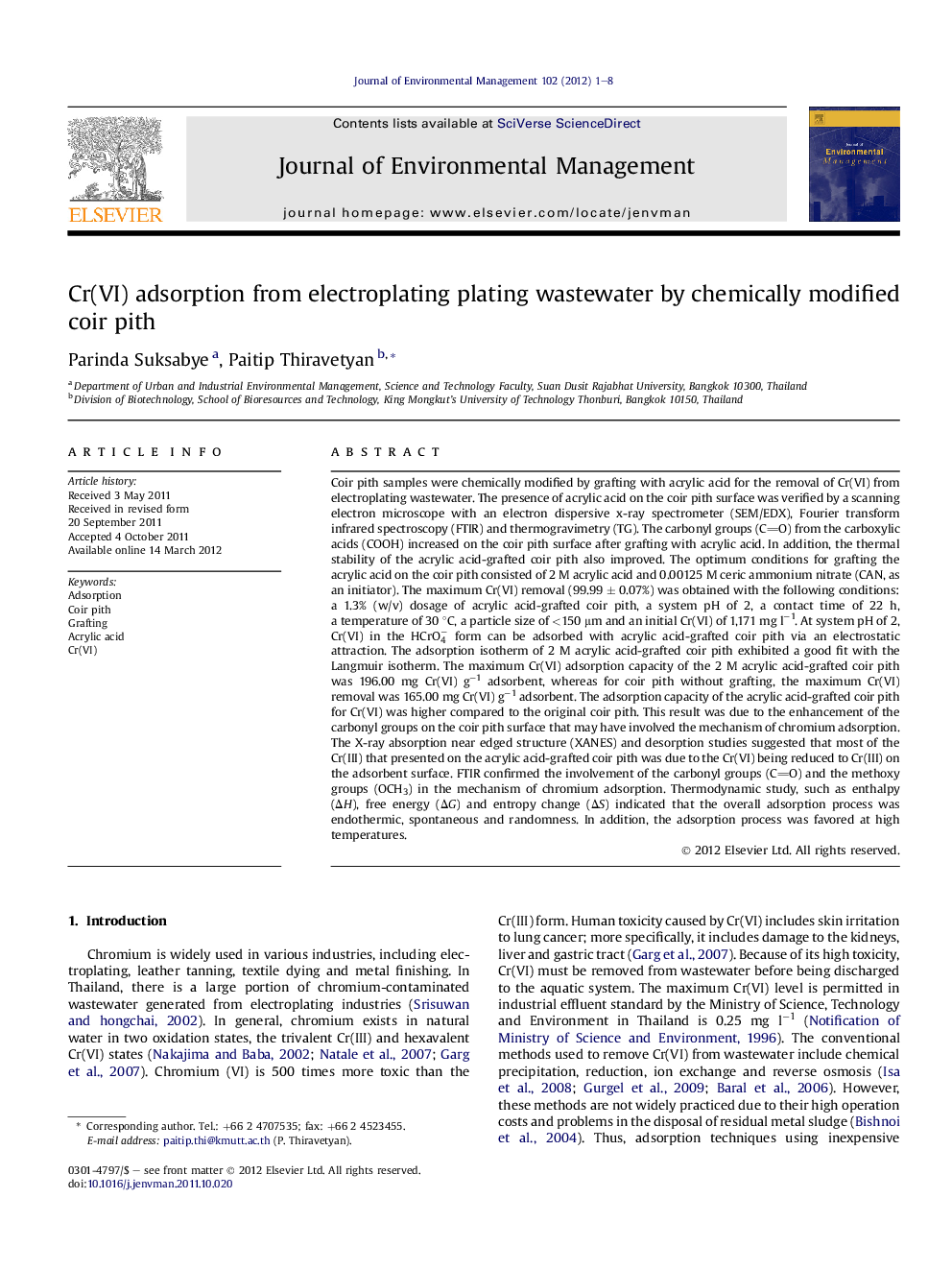 Cr(VI) adsorption from electroplating plating wastewater by chemically modified coir pith