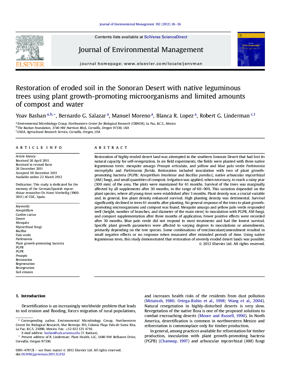 Restoration of eroded soil in the Sonoran Desert with native leguminous trees using plant growth-promoting microorganisms and limited amounts of compost and water