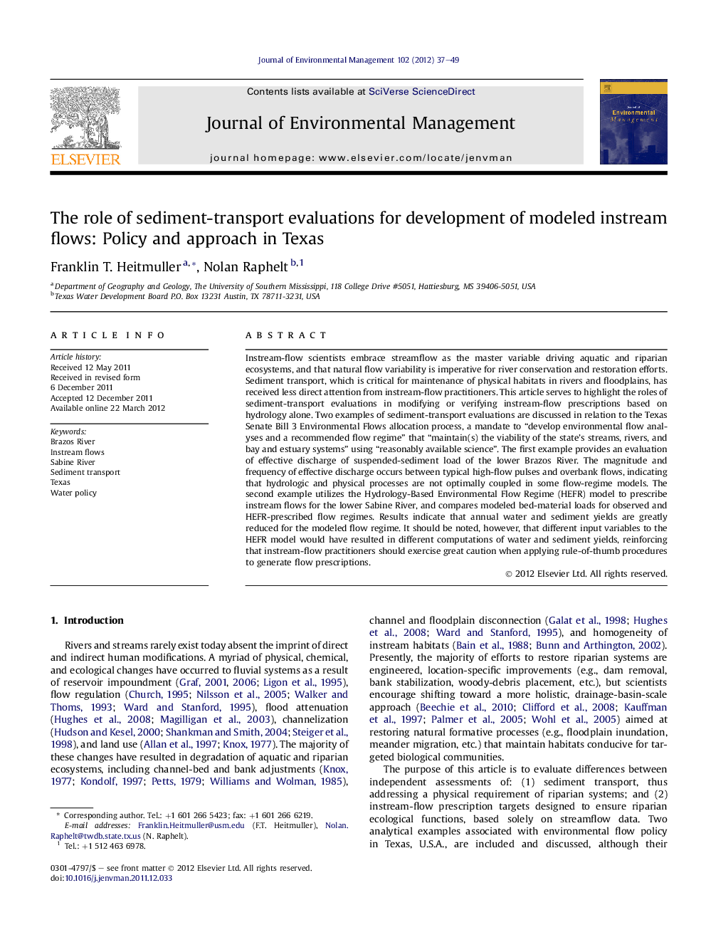 The role of sediment-transport evaluations for development of modeled instream flows: Policy and approach in Texas