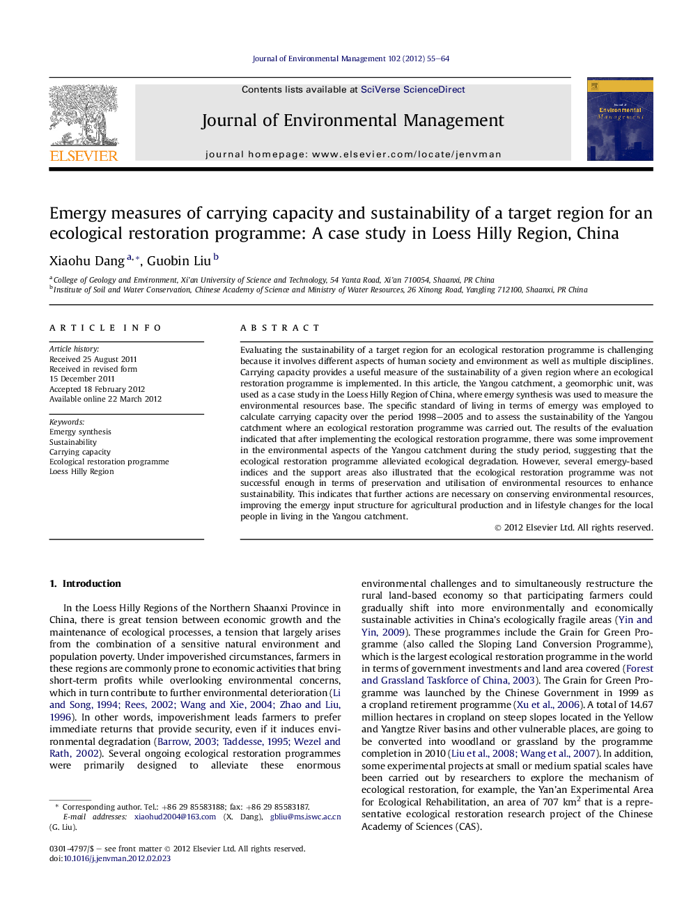 Emergy measures of carrying capacity and sustainability of a target region for an ecological restoration programme: A case study in Loess Hilly Region, China