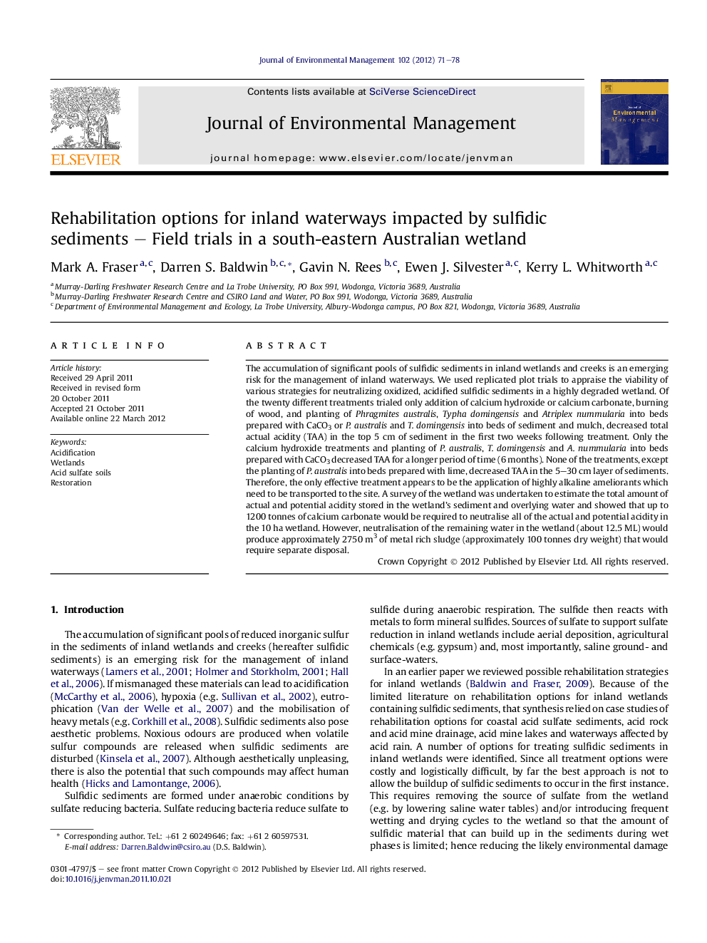 Rehabilitation options for inland waterways impacted by sulfidic sediments – Field trials in a south-eastern Australian wetland