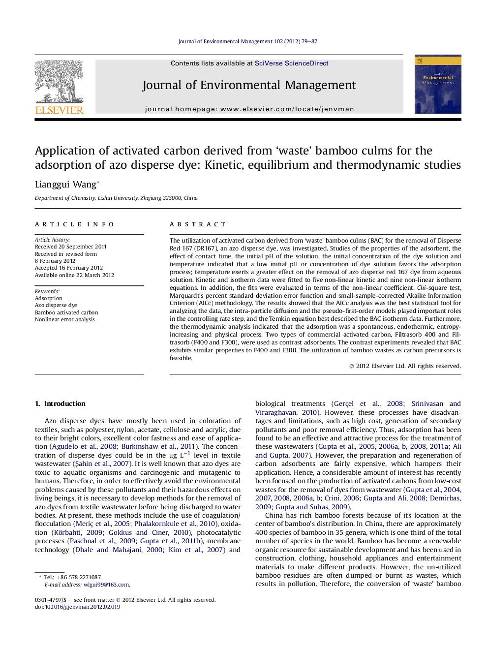 Application of activated carbon derived from ‘waste’ bamboo culms for the adsorption of azo disperse dye: Kinetic, equilibrium and thermodynamic studies