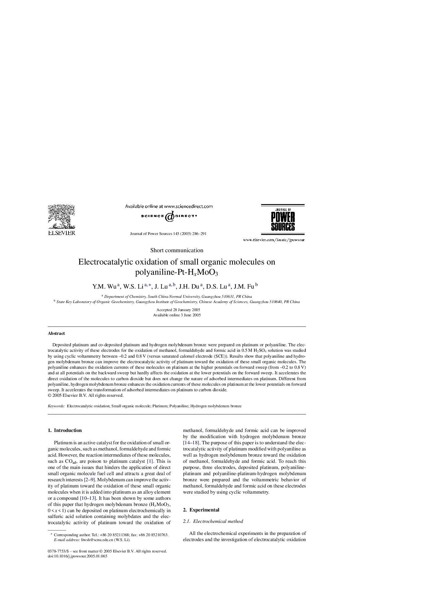 Electrocatalytic oxidation of small organic molecules on polyaniline-Pt-HxMoO3