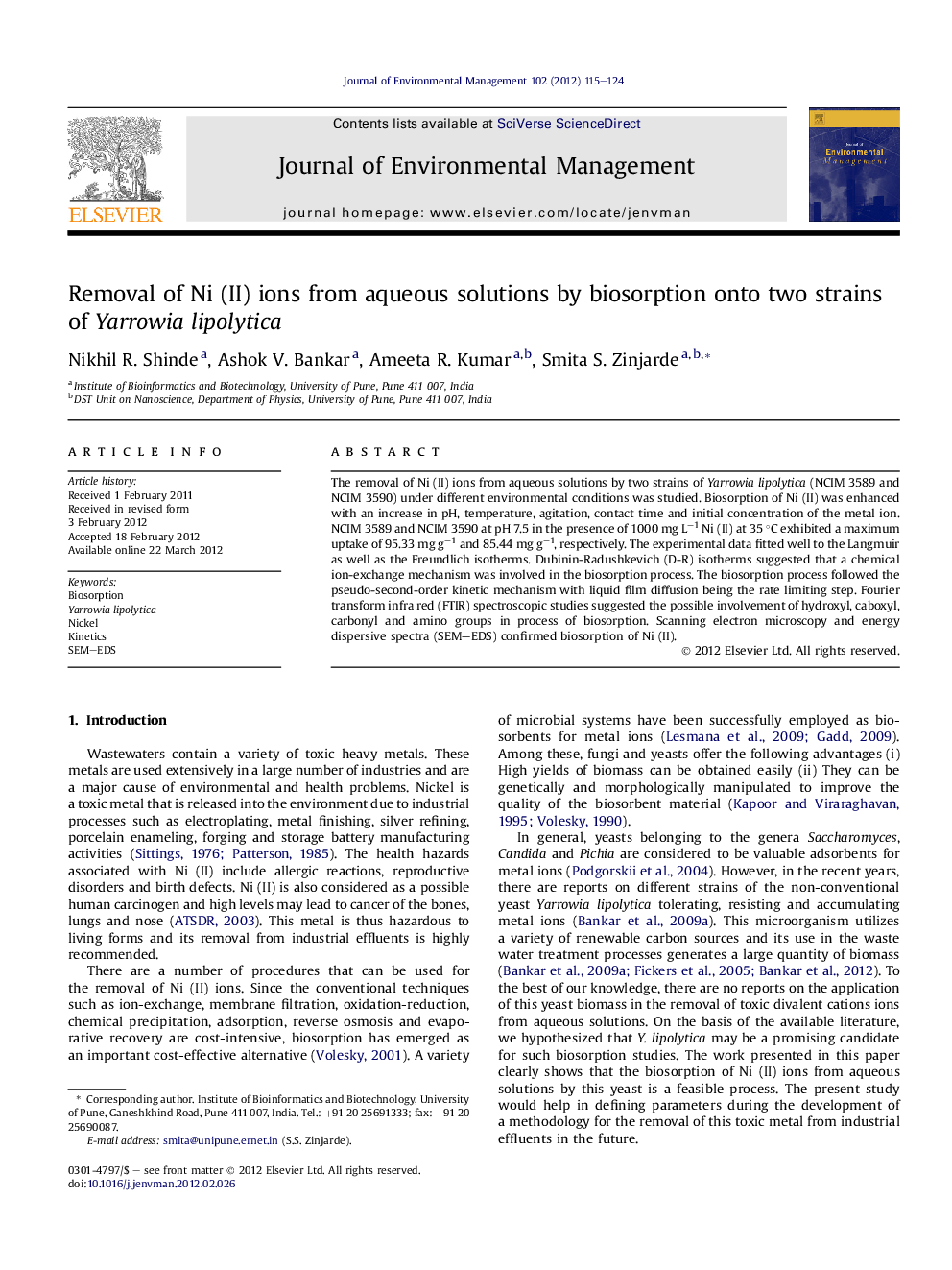 Removal of Ni (II) ions from aqueous solutions by biosorption onto two strains of Yarrowia lipolytica