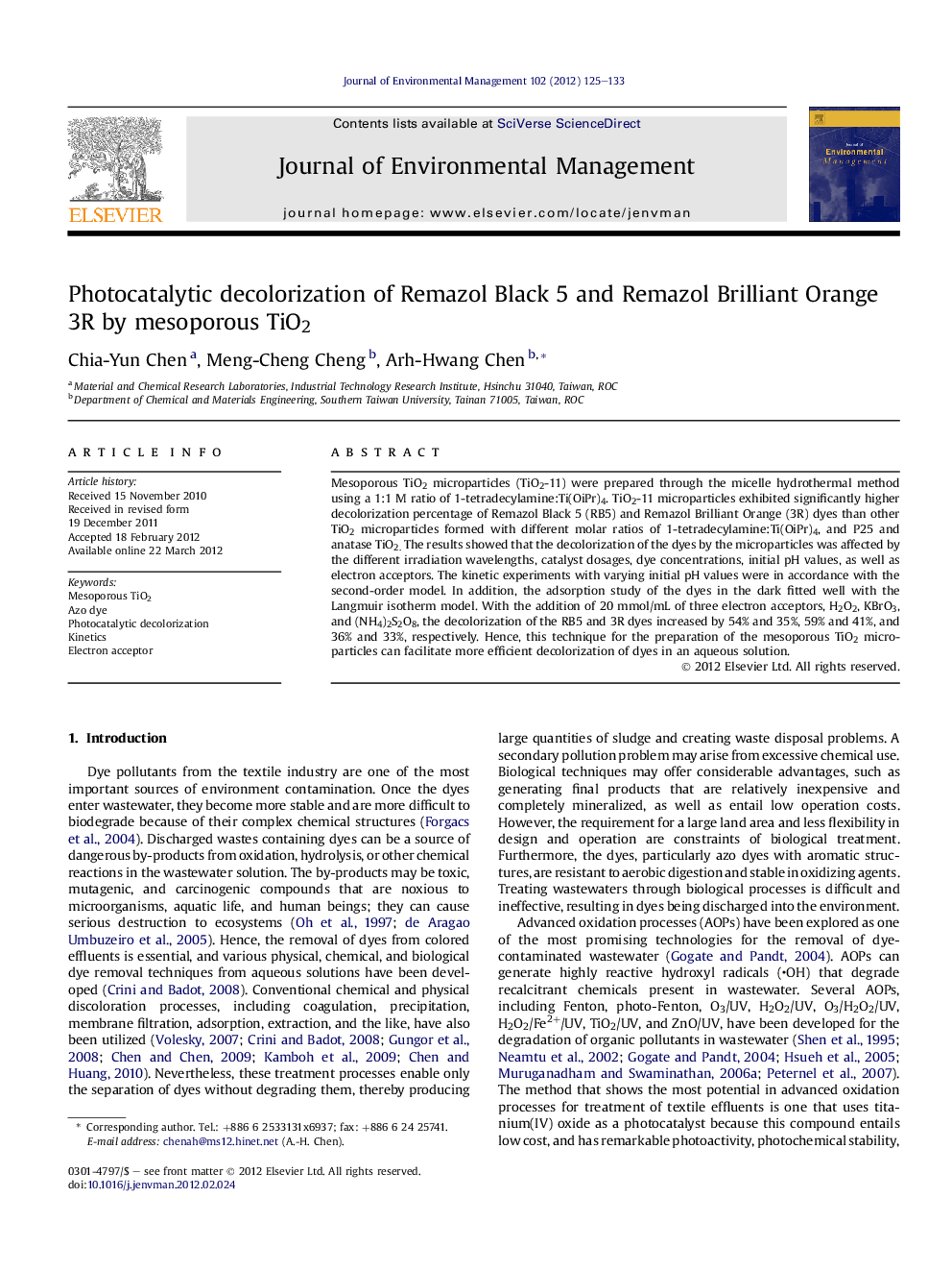 Photocatalytic decolorization of Remazol Black 5 and Remazol Brilliant Orange 3R by mesoporous TiO2