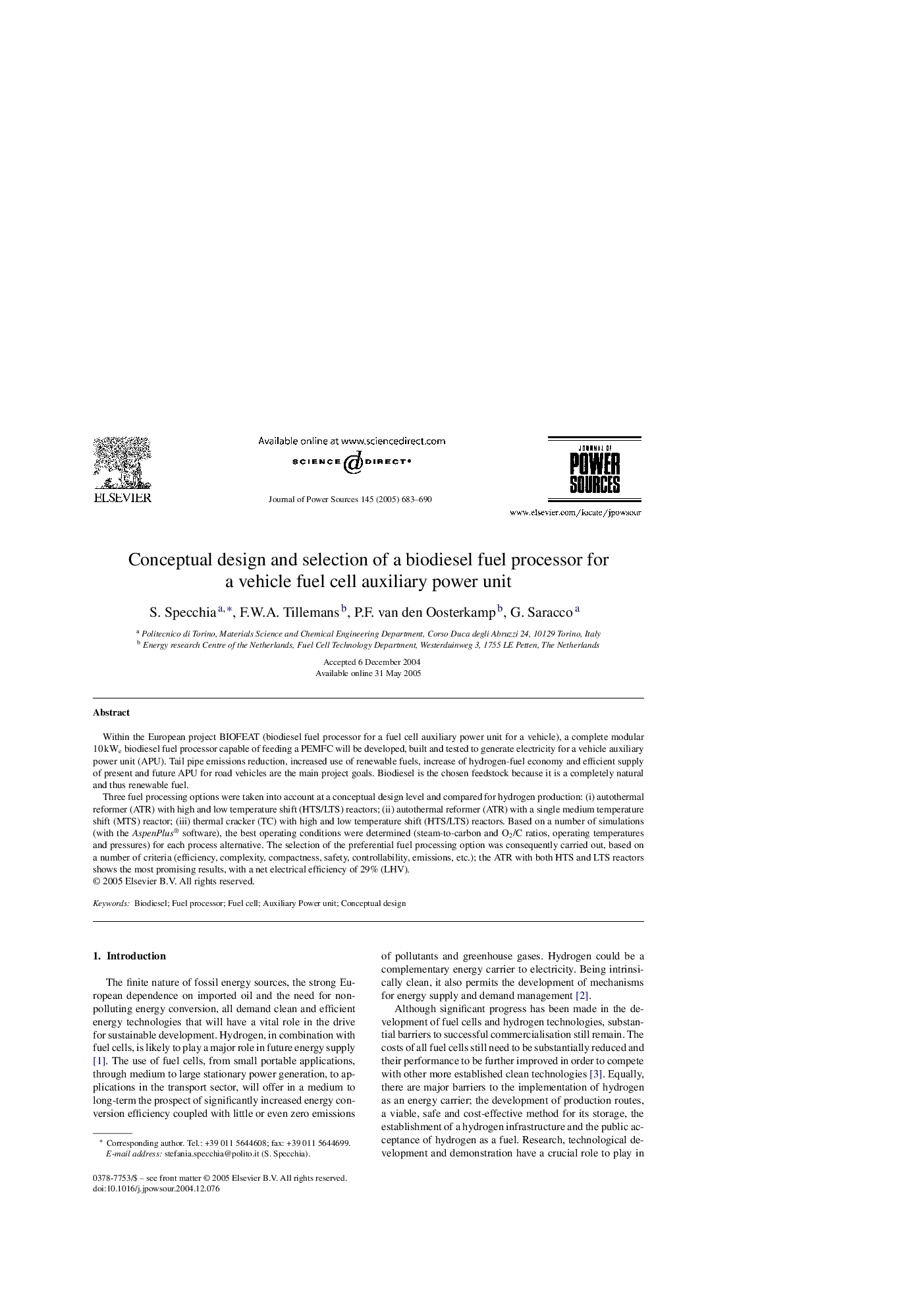 Conceptual design and selection of a biodiesel fuel processor for a vehicle fuel cell auxiliary power unit