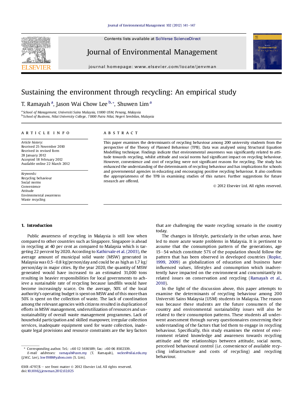 Sustaining the environment through recycling: An empirical study