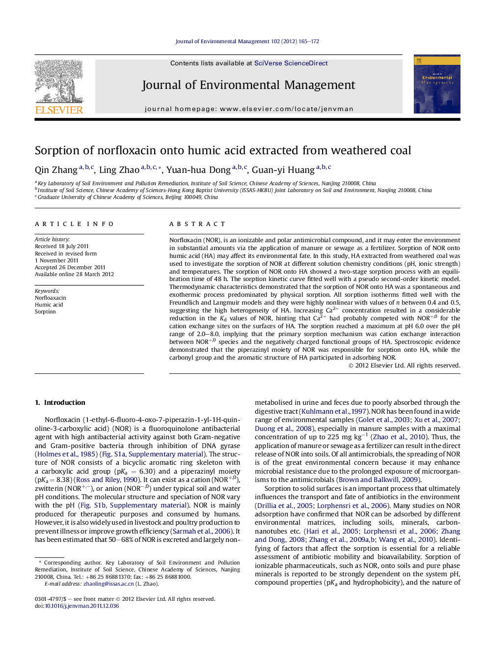 Sorption of norfloxacin onto humic acid extracted from weathered coal