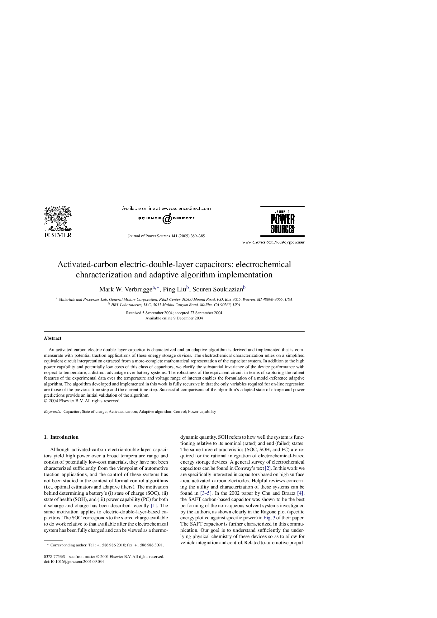 Activated-carbon electric-double-layer capacitors: electrochemical characterization and adaptive algorithm implementation