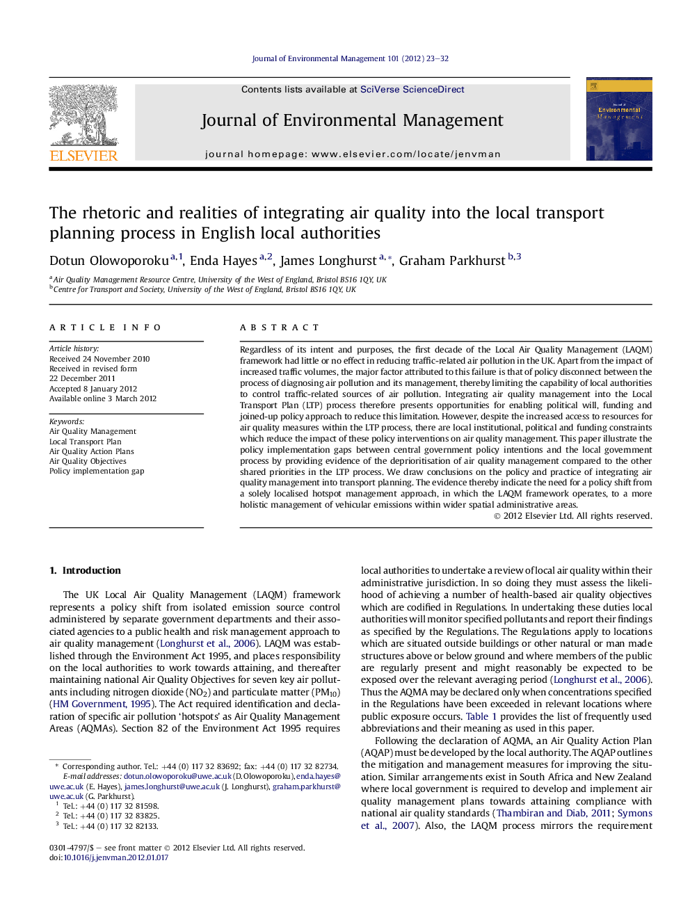 The rhetoric and realities of integrating air quality into the local transport planning process in English local authorities