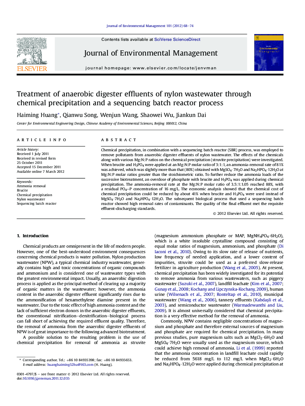 Treatment of anaerobic digester effluents of nylon wastewater through chemical precipitation and a sequencing batch reactor process