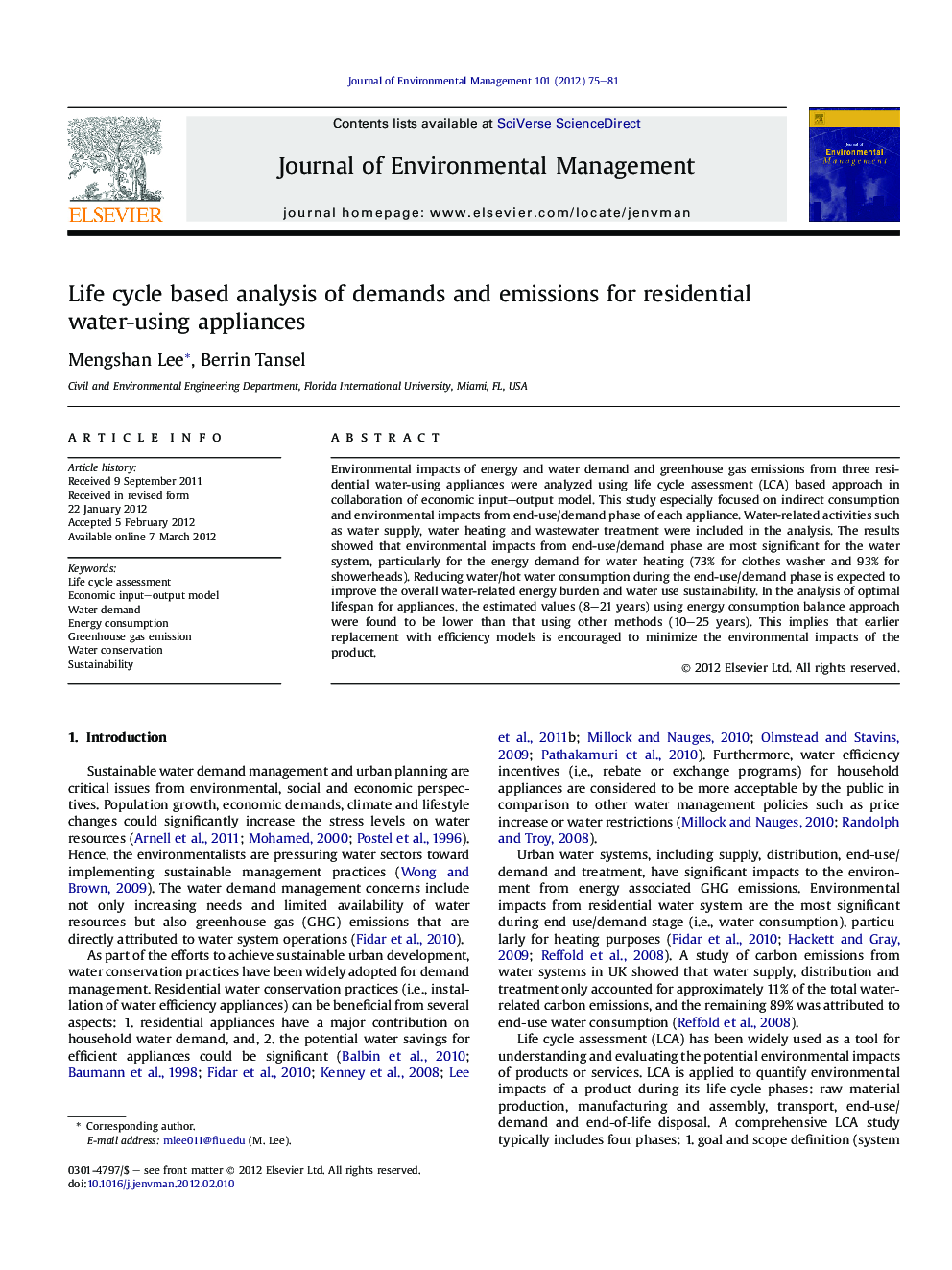 Life cycle based analysis of demands and emissions for residential water-using appliances