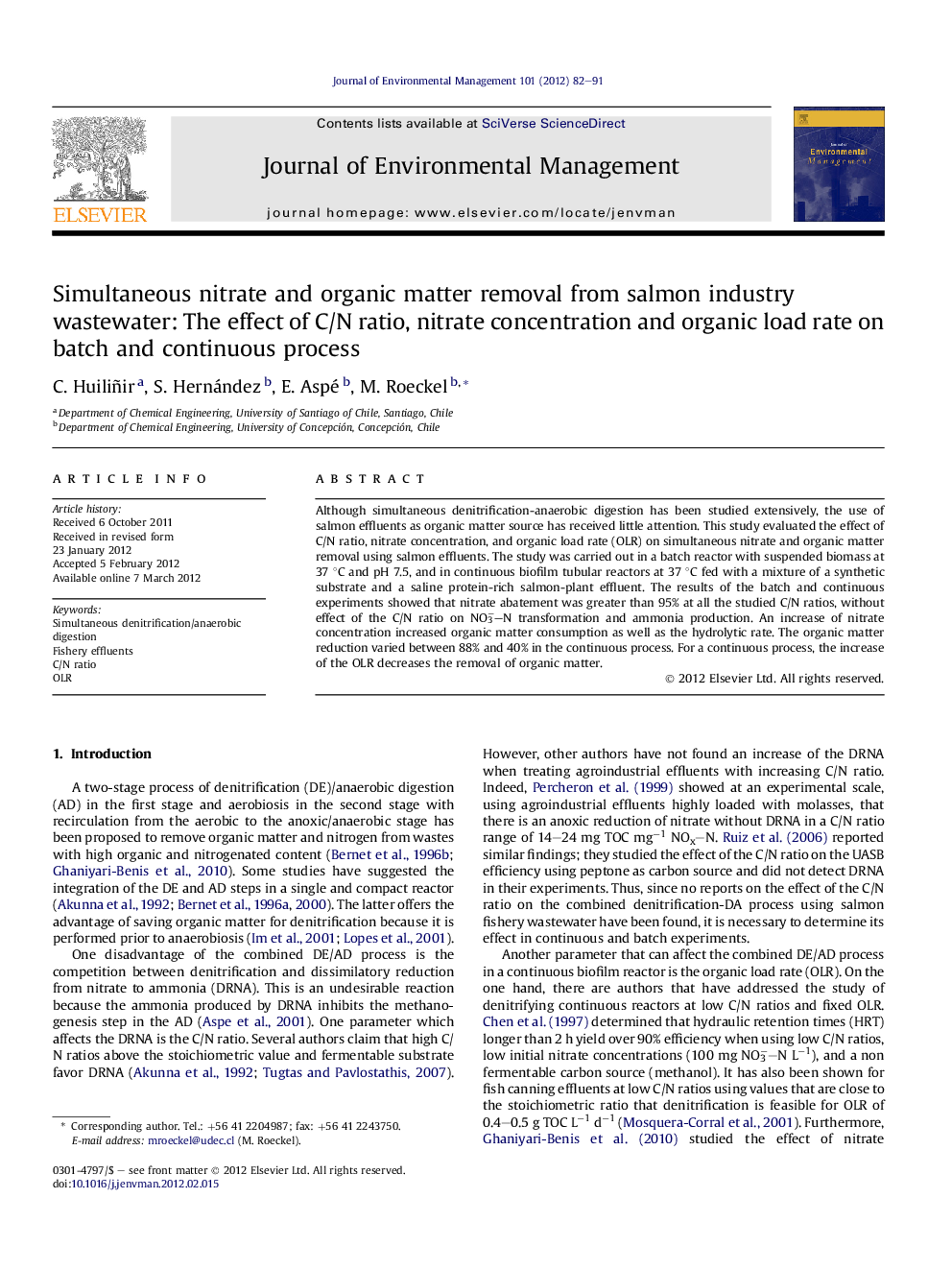 Simultaneous nitrate and organic matter removal from salmon industry wastewater: The effect of C/N ratio, nitrate concentration and organic load rate on batch and continuous process