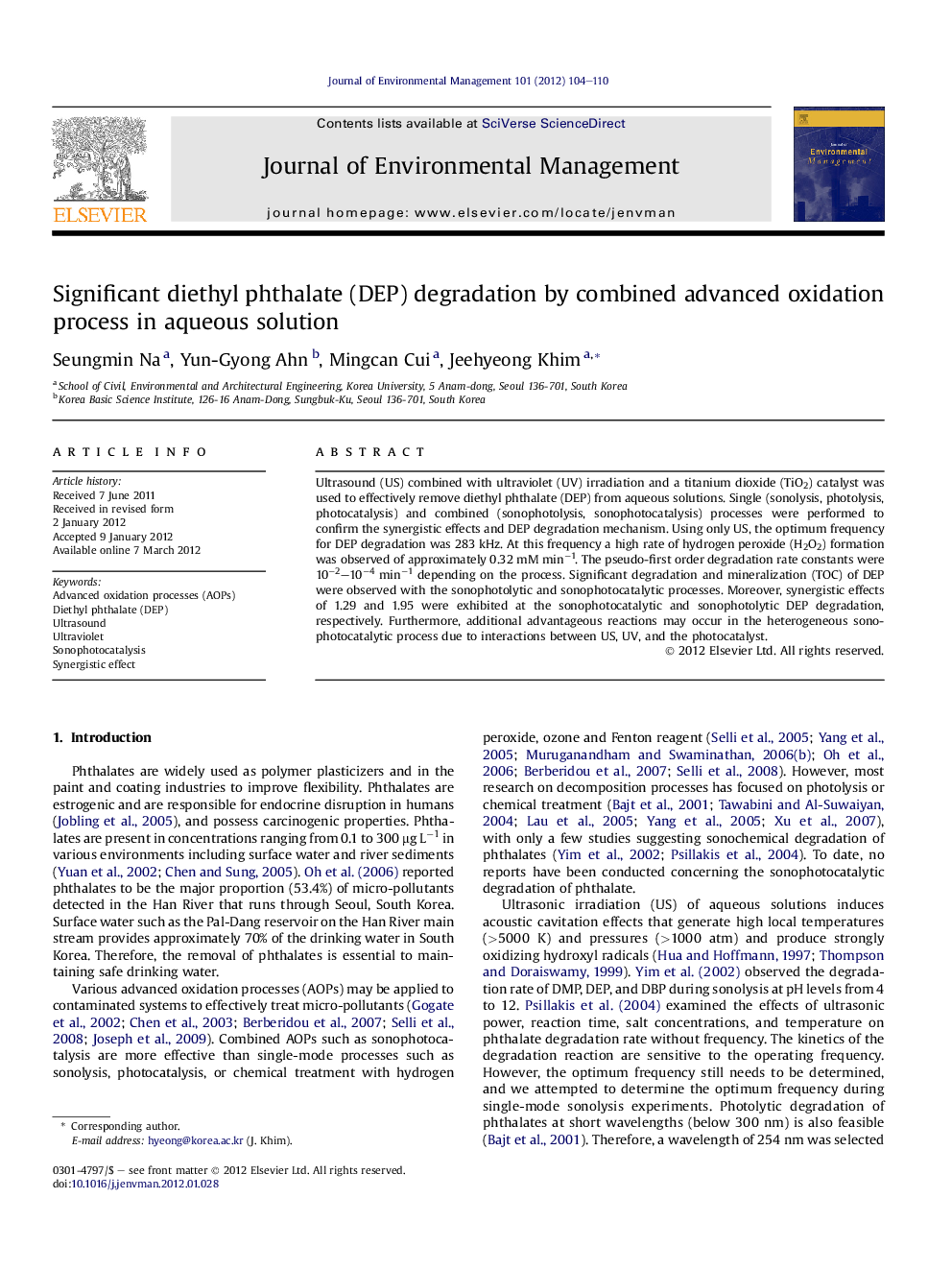 Significant diethyl phthalate (DEP) degradation by combined advanced oxidation process in aqueous solution