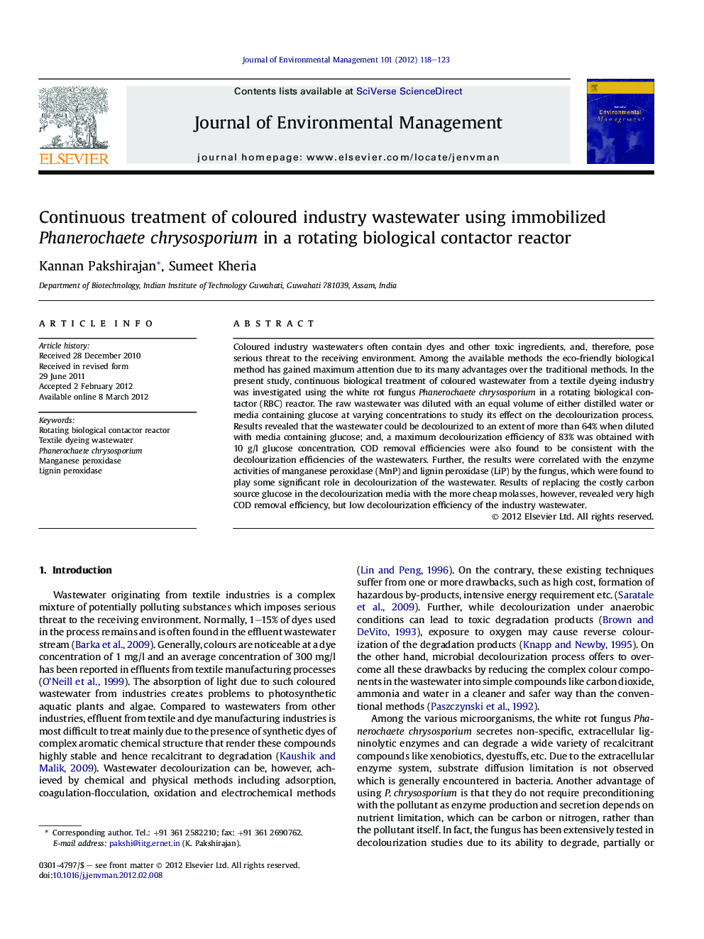 Continuous treatment of coloured industry wastewater using immobilized Phanerochaete chrysosporium in a rotating biological contactor reactor