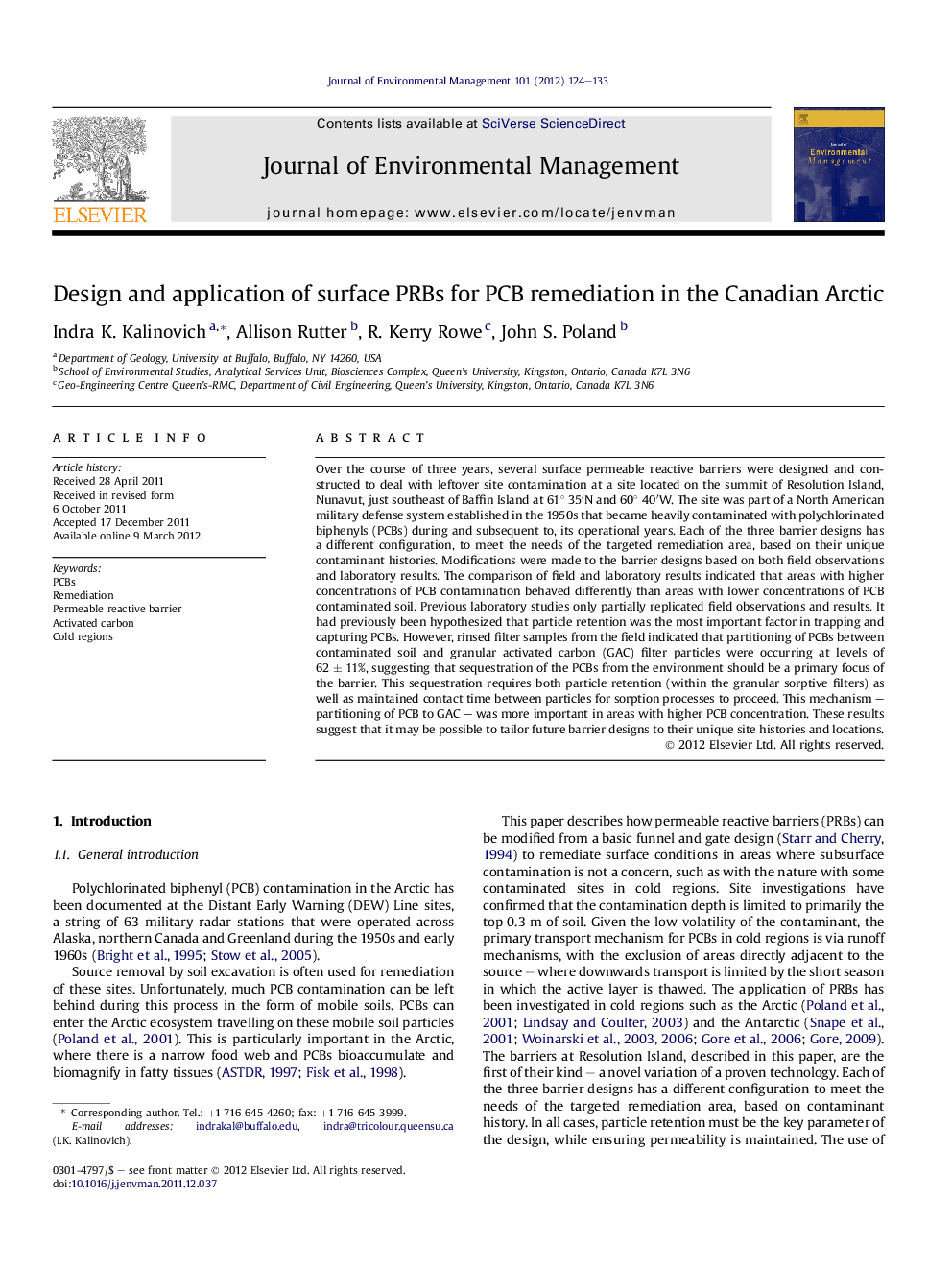 Design and application of surface PRBs for PCB remediation in the Canadian Arctic