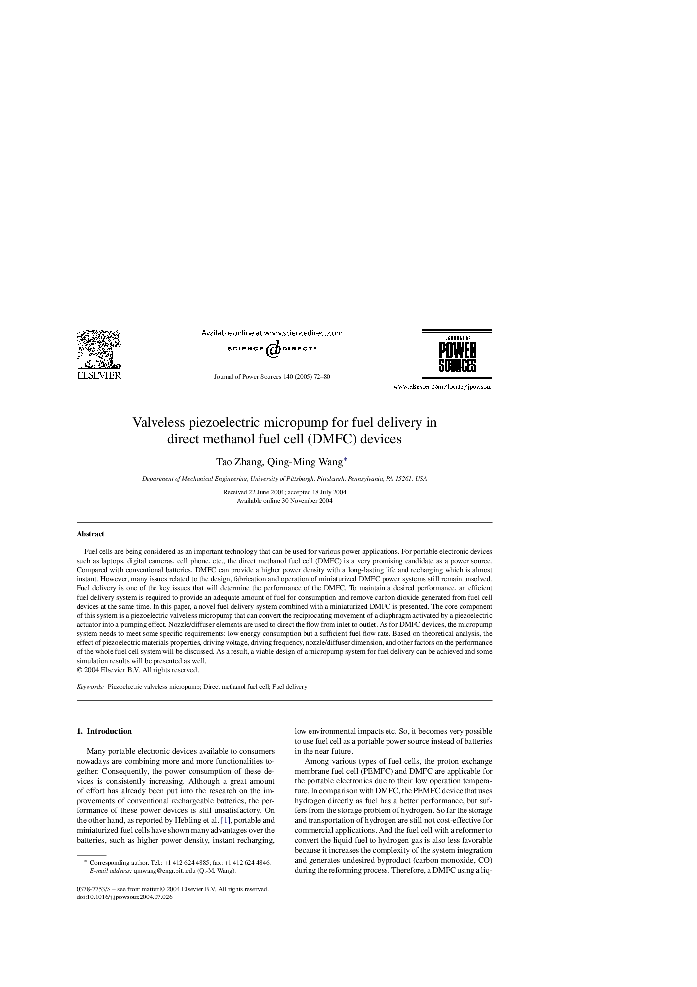 Valveless piezoelectric micropump for fuel delivery in direct methanol fuel cell (DMFC) devices