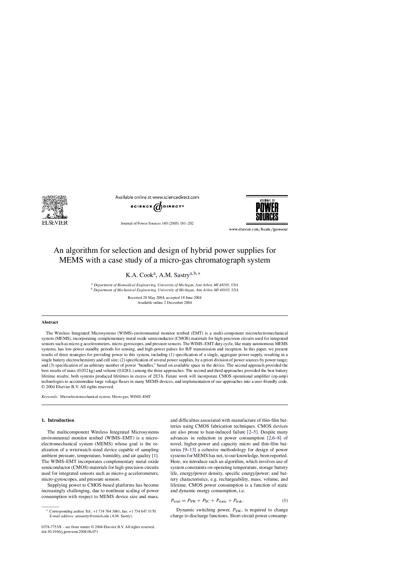 An algorithm for selection and design of hybrid power supplies for MEMS with a case study of a micro-gas chromatograph system