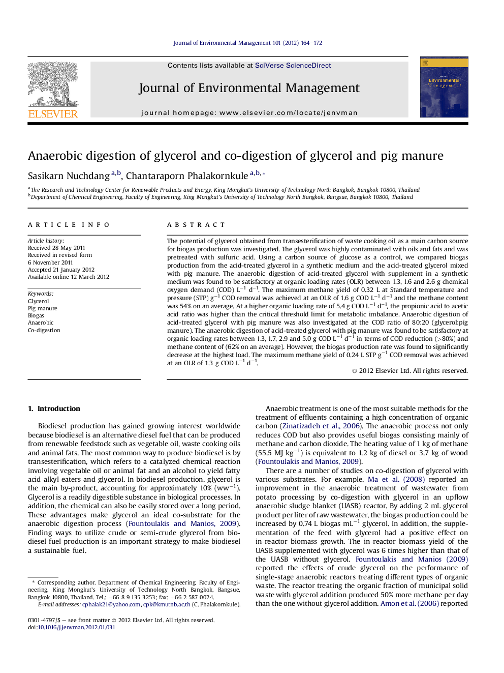 Anaerobic digestion of glycerol and co-digestion of glycerol and pig manure