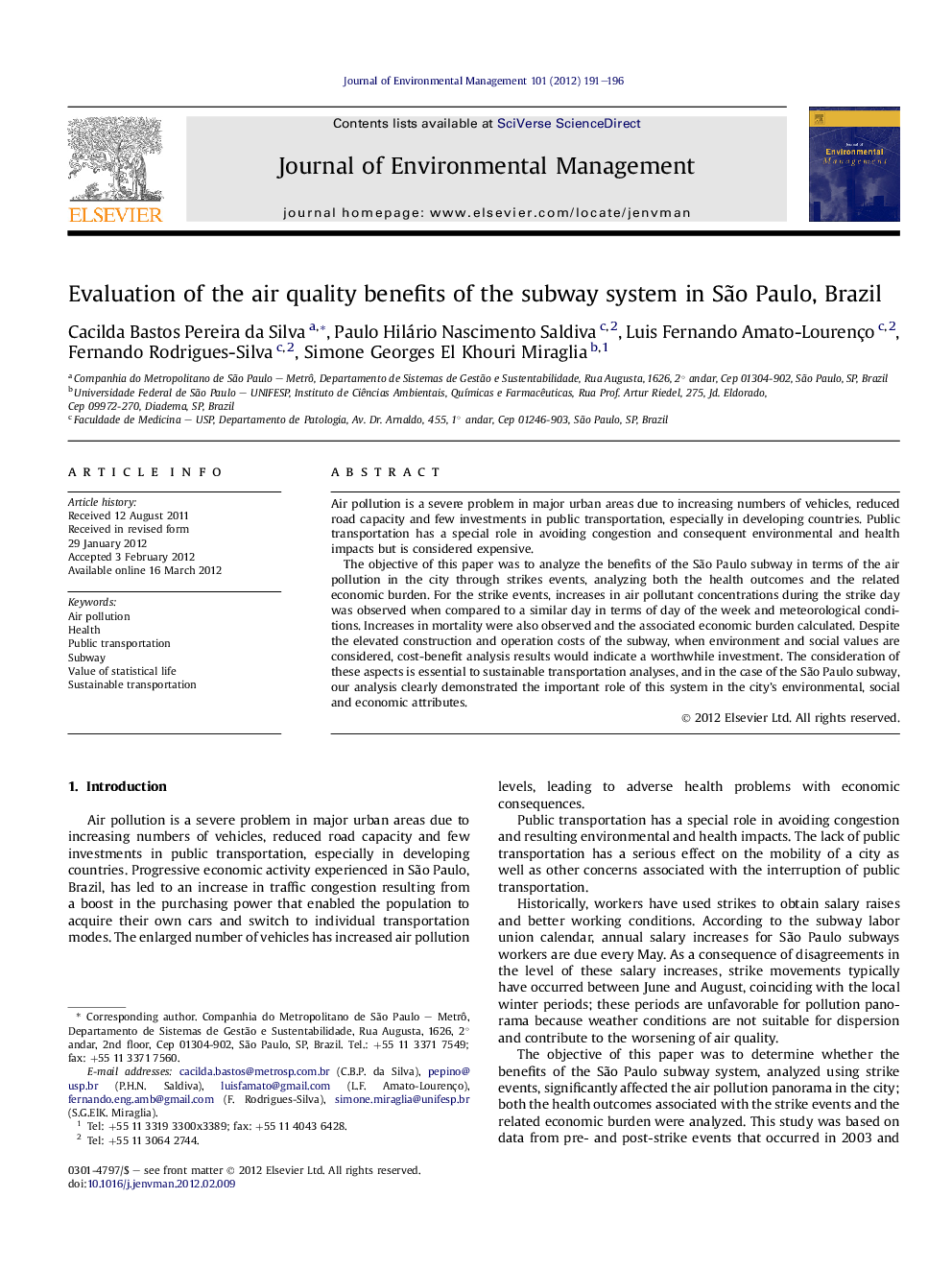 Evaluation of the air quality benefits of the subway system in São Paulo, Brazil