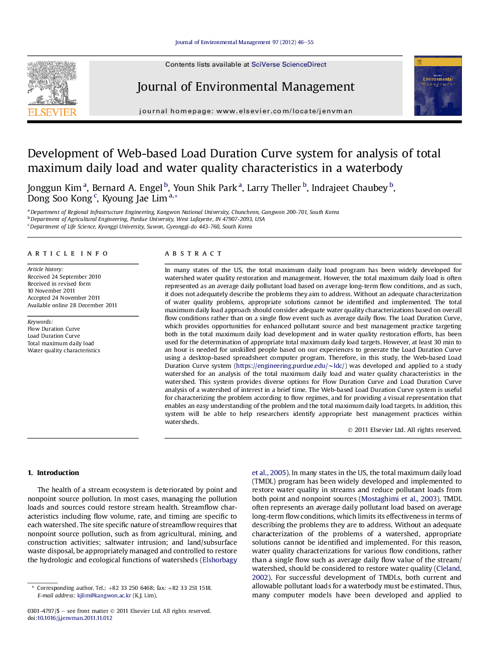 Development of Web-based Load Duration Curve system for analysis of total maximum daily load and water quality characteristics in a waterbody