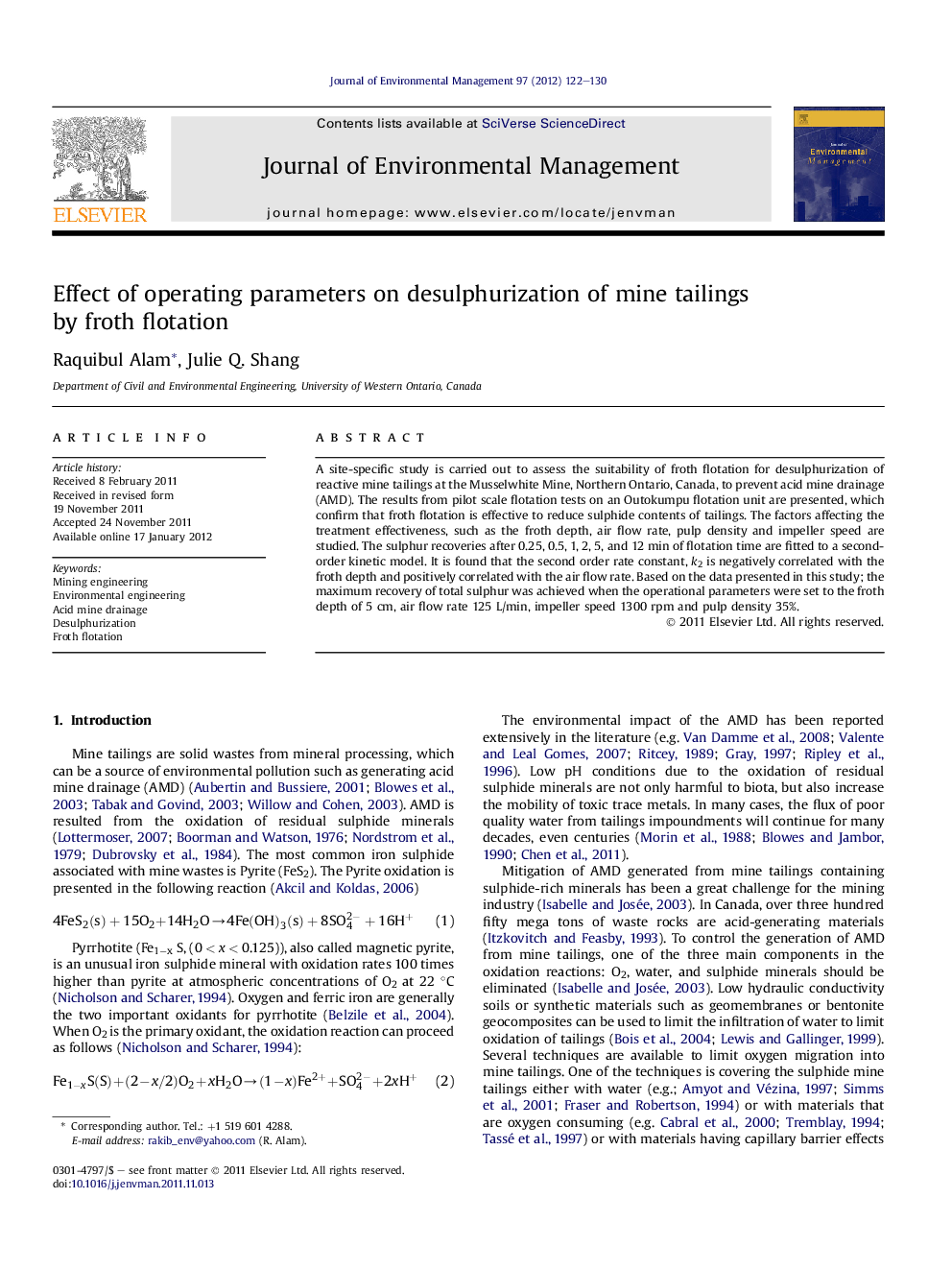 Effect of operating parameters on desulphurization of mine tailings by froth flotation