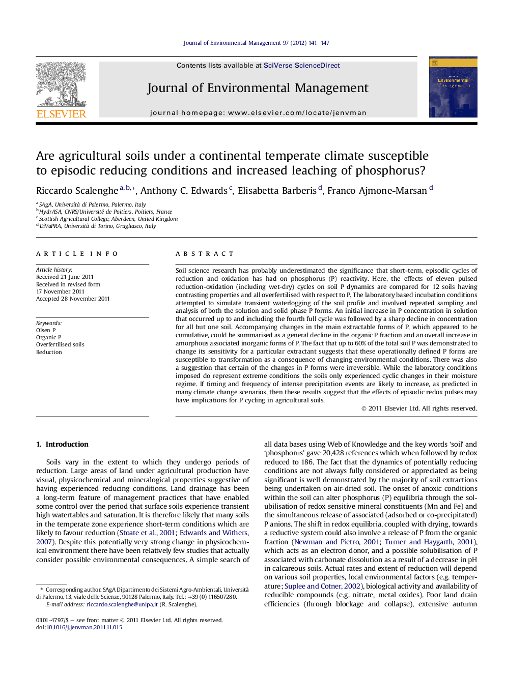 Are agricultural soils under a continental temperate climate susceptible to episodic reducing conditions and increased leaching of phosphorus?