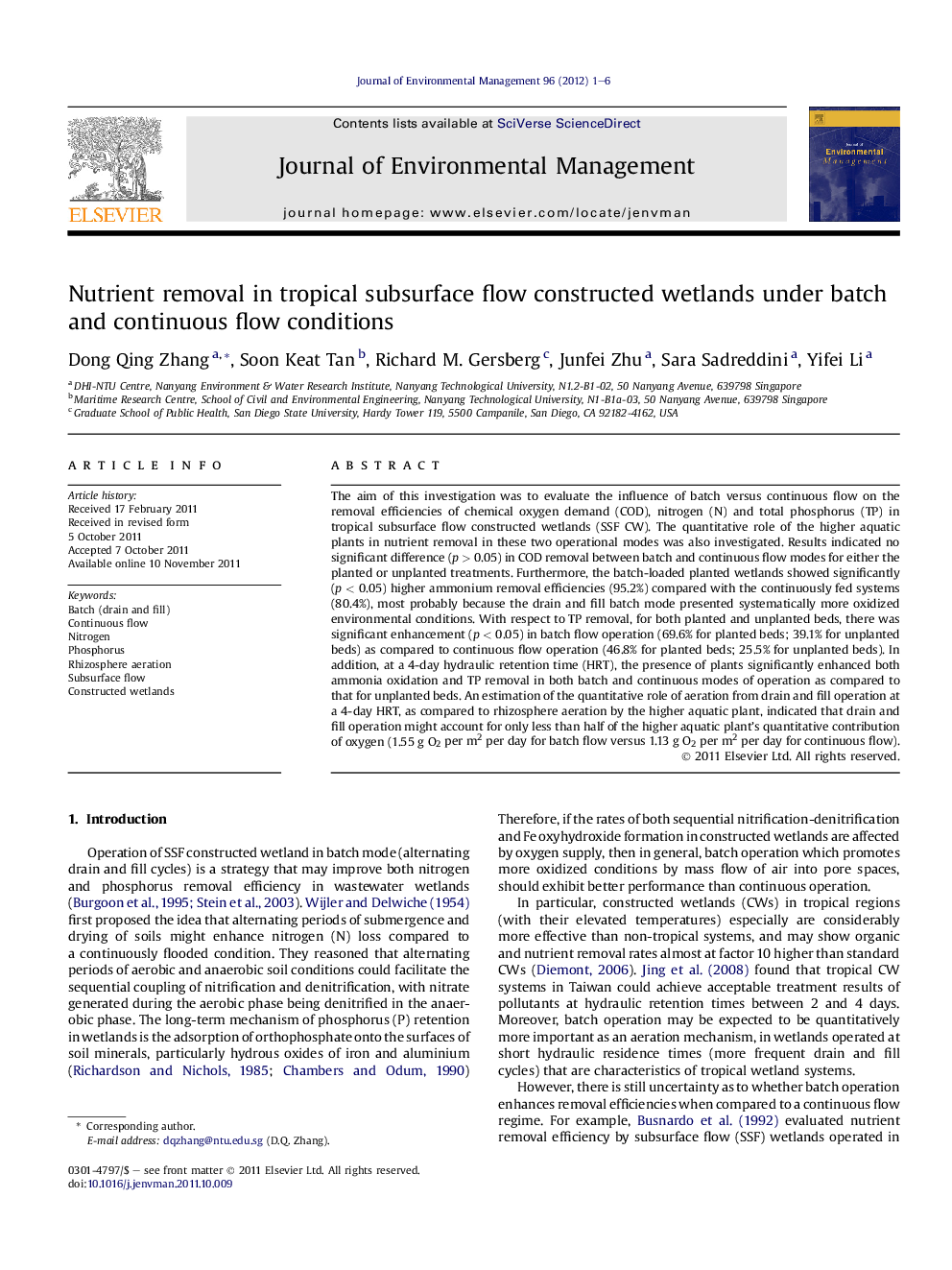 Nutrient removal in tropical subsurface flow constructed wetlands under batch and continuous flow conditions