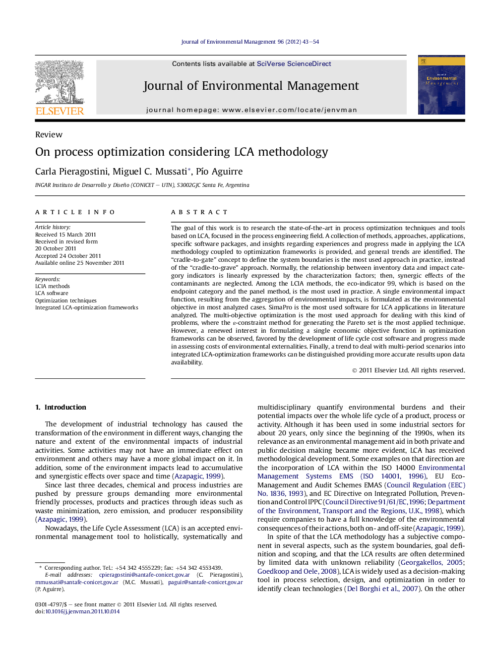 On process optimization considering LCA methodology