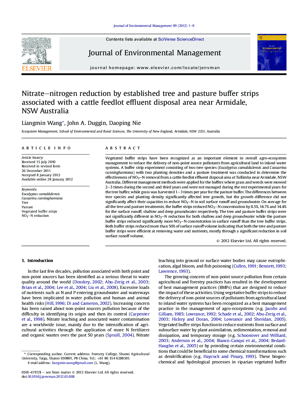 Nitrate–nitrogen reduction by established tree and pasture buffer strips associated with a cattle feedlot effluent disposal area near Armidale, NSW Australia