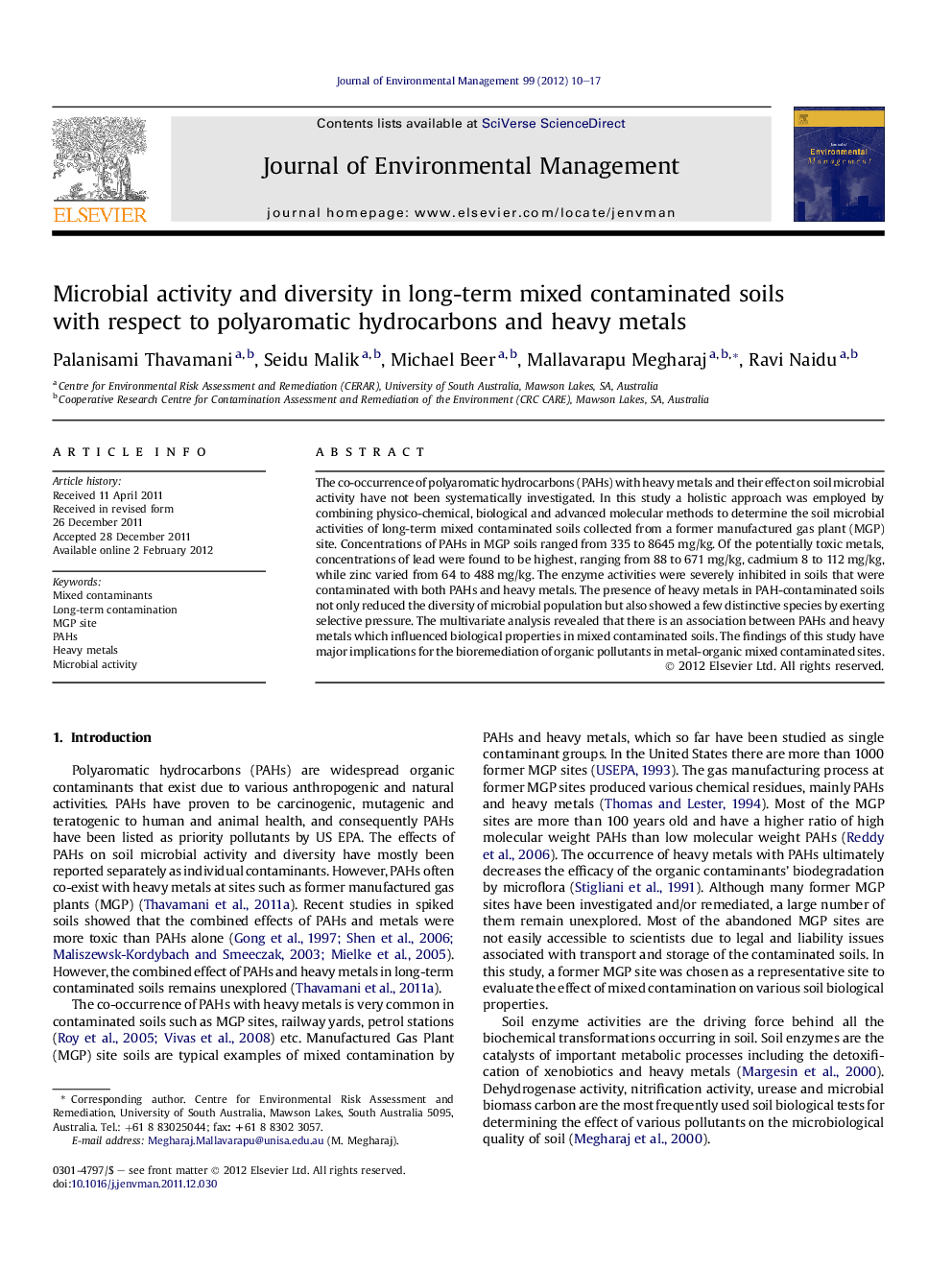 Microbial activity and diversity in long-term mixed contaminated soils with respect to polyaromatic hydrocarbons and heavy metals