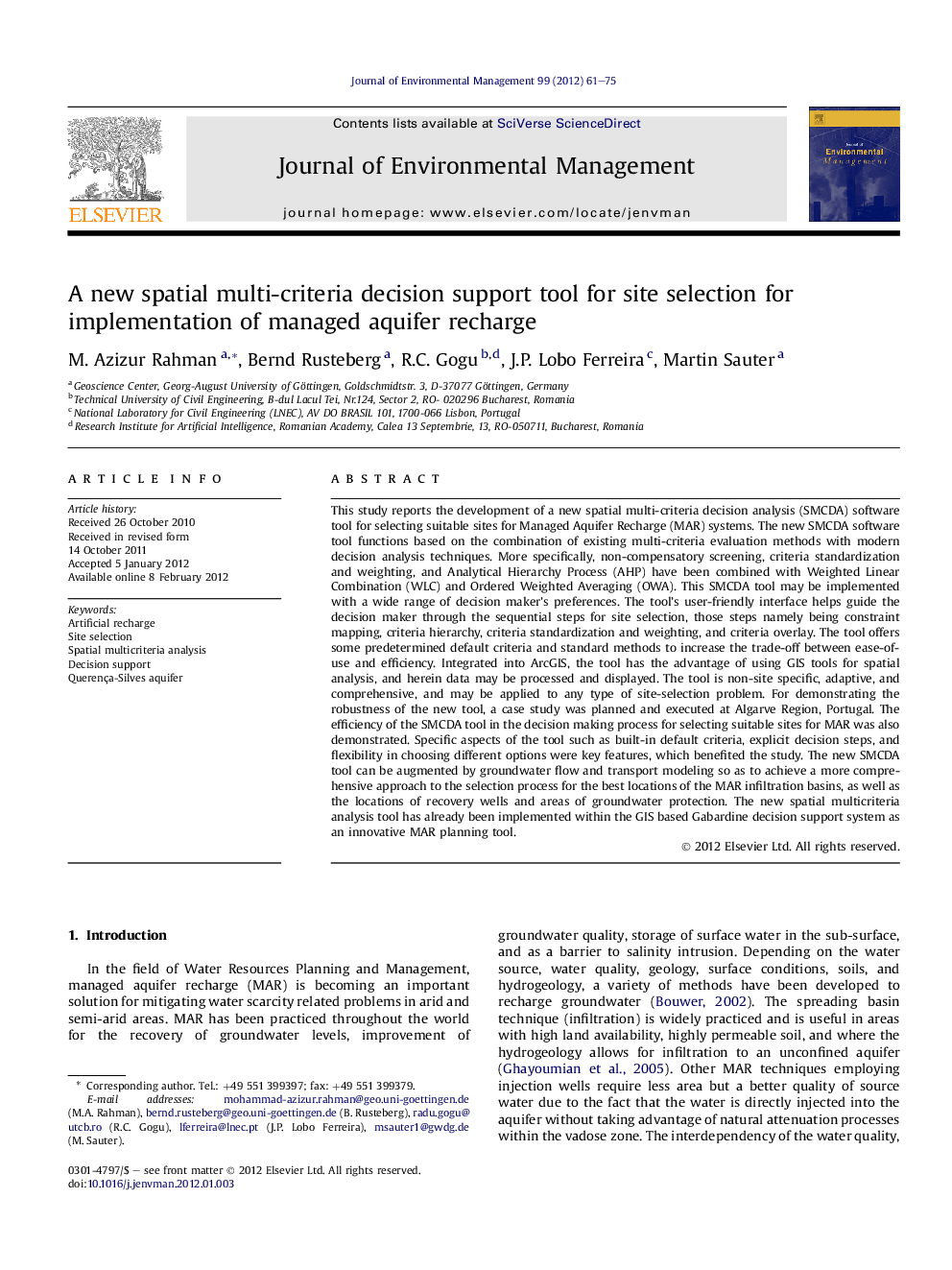 A new spatial multi-criteria decision support tool for site selection for implementation of managed aquifer recharge