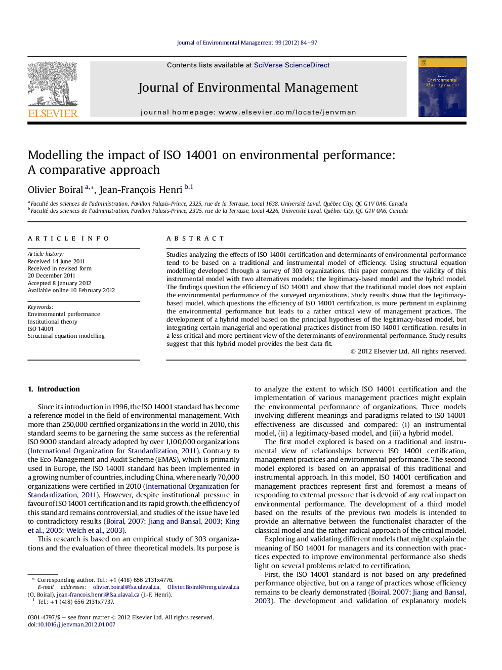 Modelling the impact of ISO 14001 on environmental performance: A comparative approach