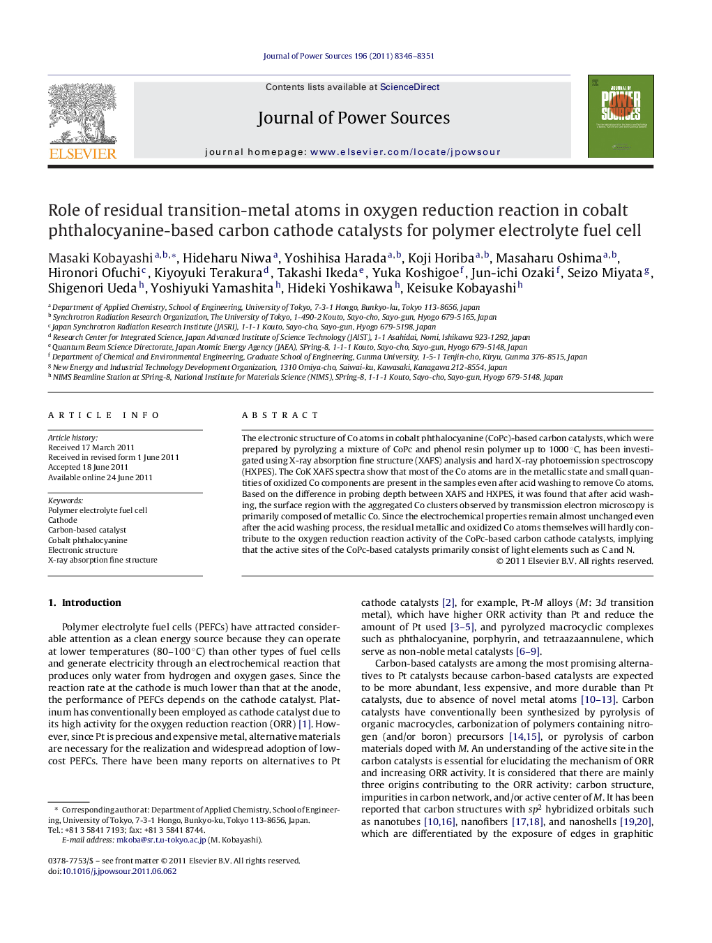 Role of residual transition-metal atoms in oxygen reduction reaction in cobalt phthalocyanine-based carbon cathode catalysts for polymer electrolyte fuel cell