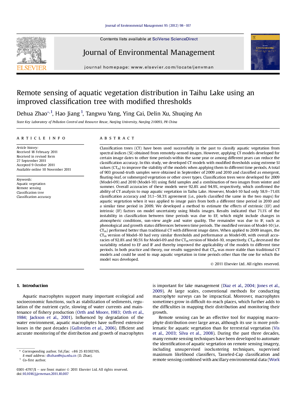 Remote sensing of aquatic vegetation distribution in Taihu Lake using an improved classification tree with modified thresholds